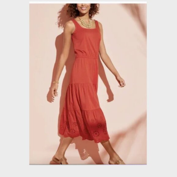 Talbot's Fit & Flare Coral Tiered Eyelet Ruffle Midi Dress Medium - Picture 13 of 13